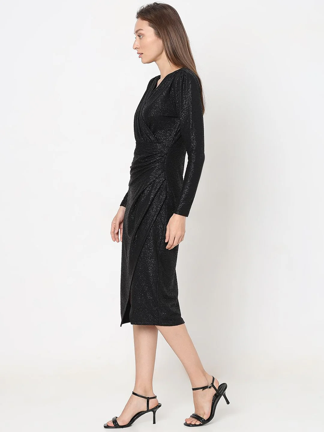 Black Shimmer Lurex Wrap Dress - Image 3