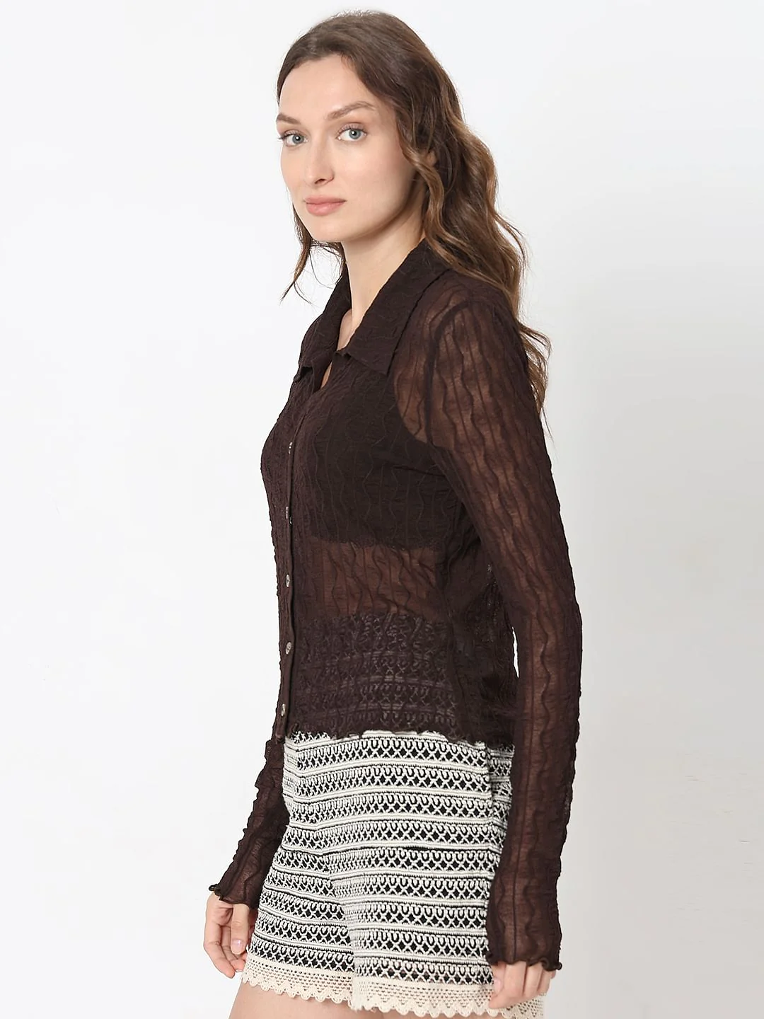 Dark Brown Sheer Knit Shirt - Image 3