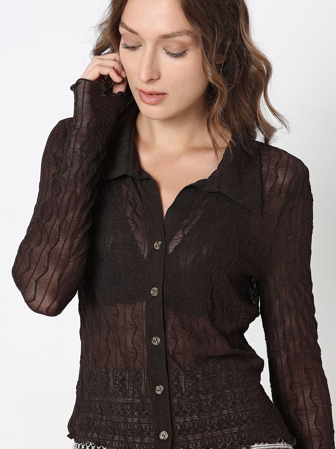 Dark Brown Sheer Knit Shirt - Image 6
