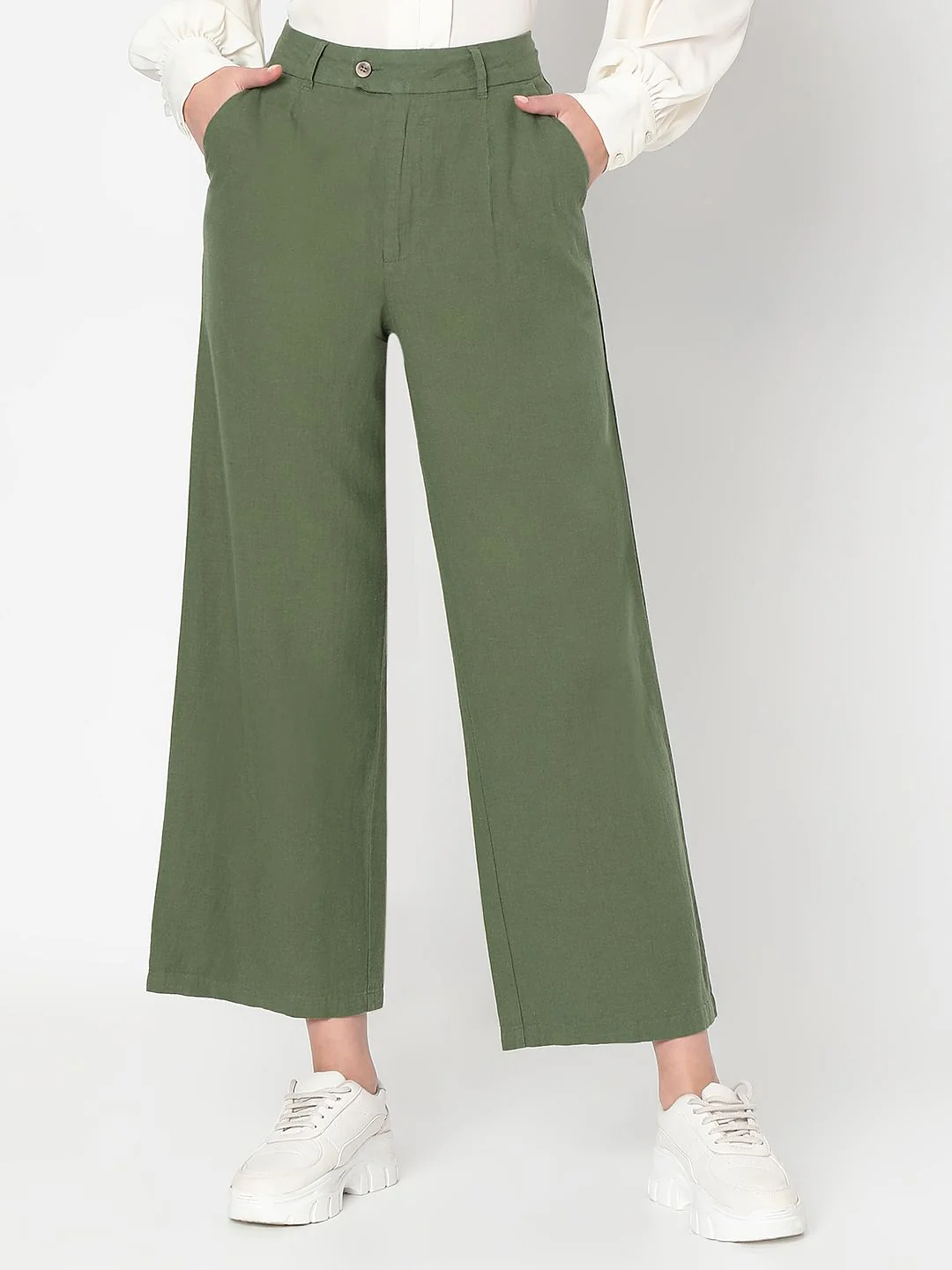 Green High Rise Linen Pants - Image 2