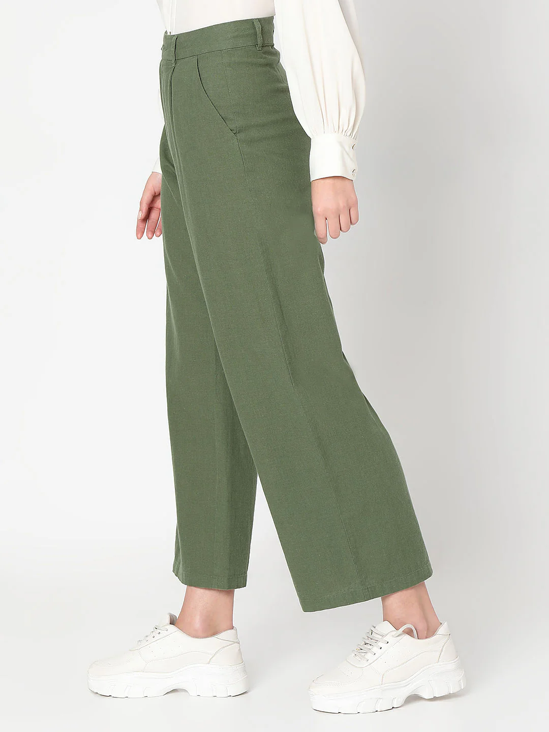 Green High Rise Linen Pants - Image 3