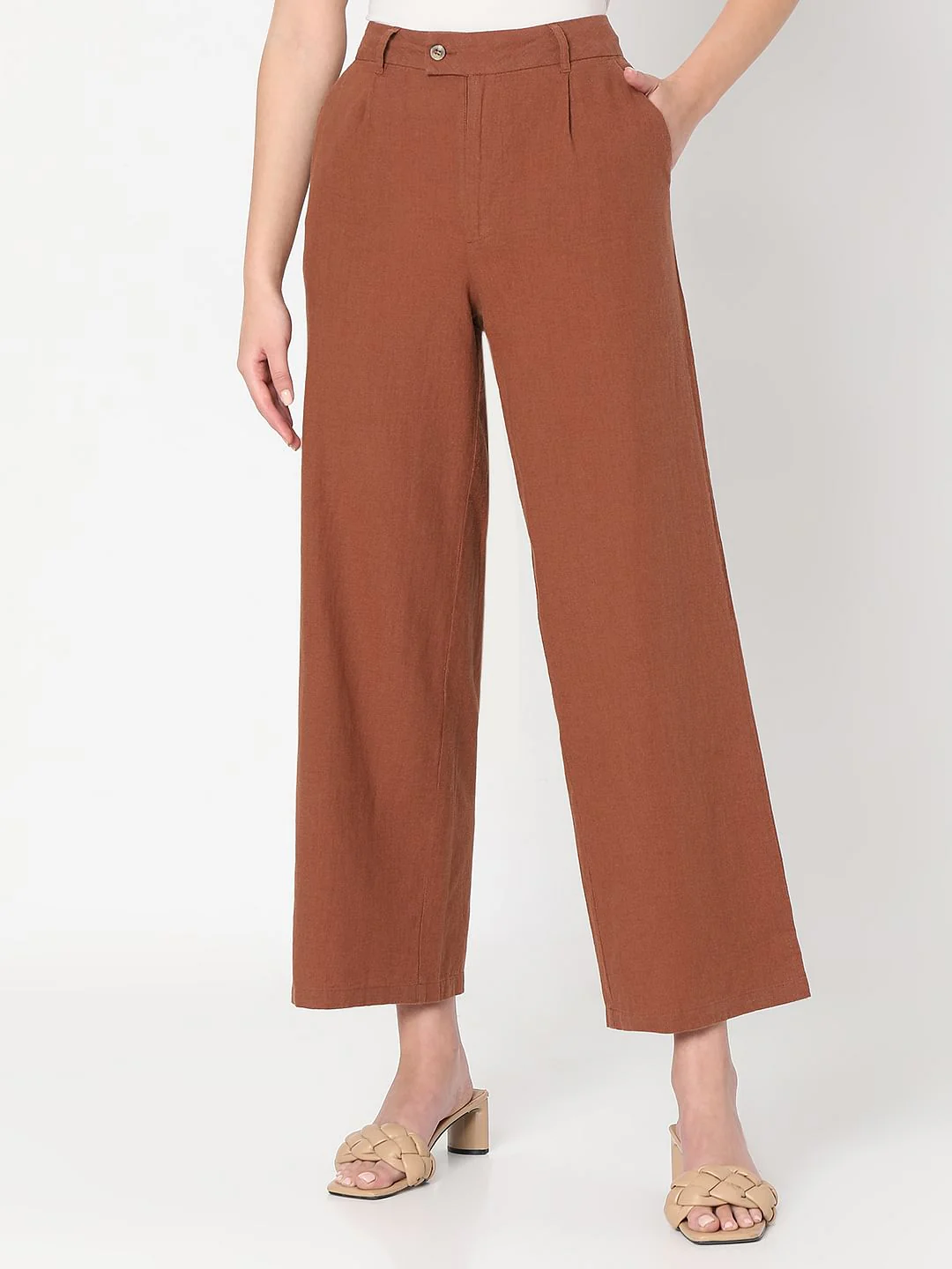 Brown High Rise Linen Pants - Image 2