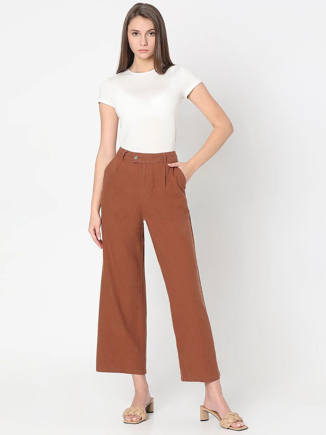 Brown High Rise Linen Pants - Image 5
