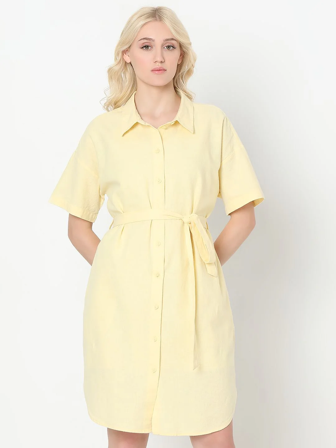 Light Yellow Linen Shirt Dress - Image 2