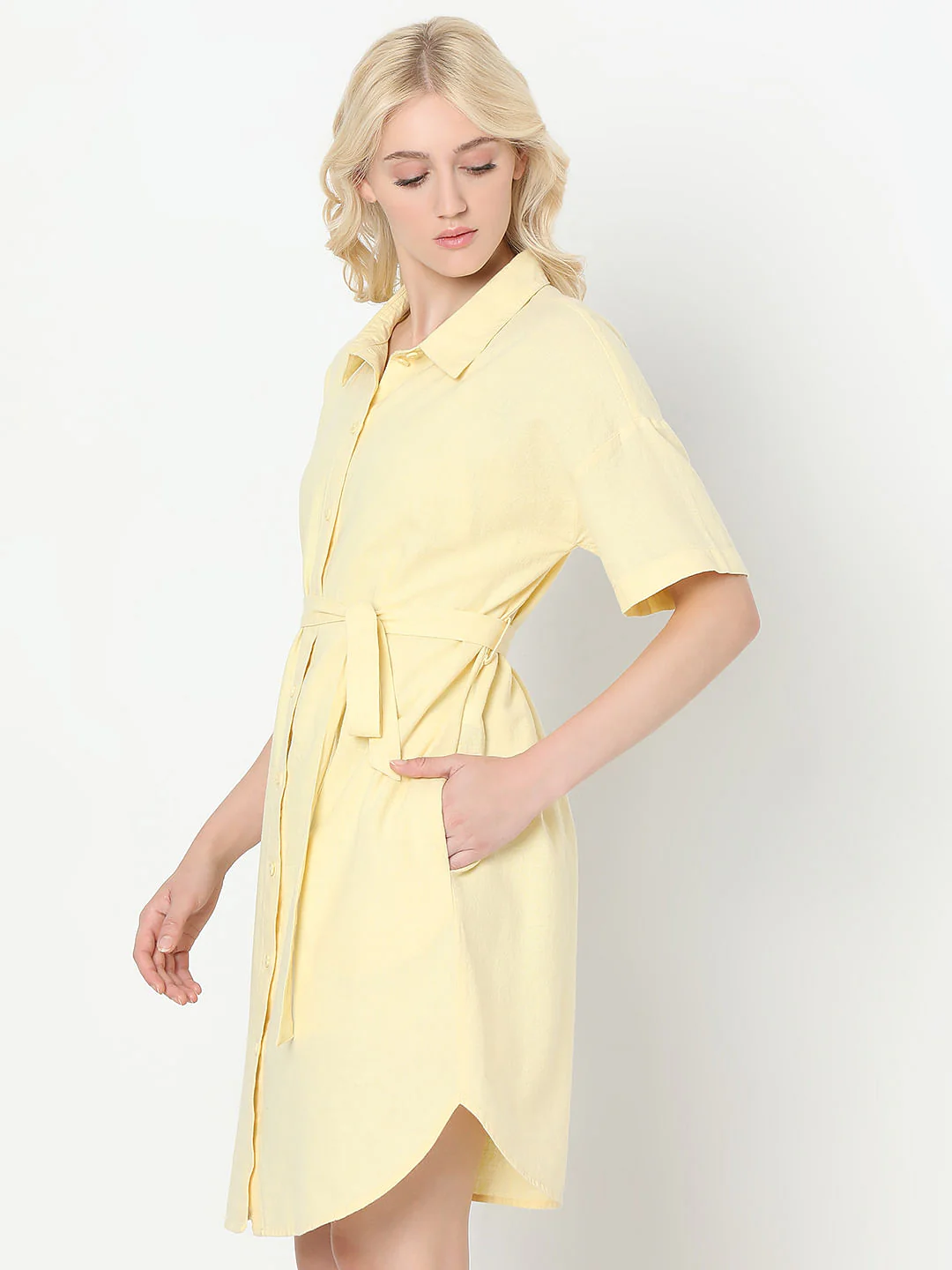 Light Yellow Linen Shirt Dress - Image 3