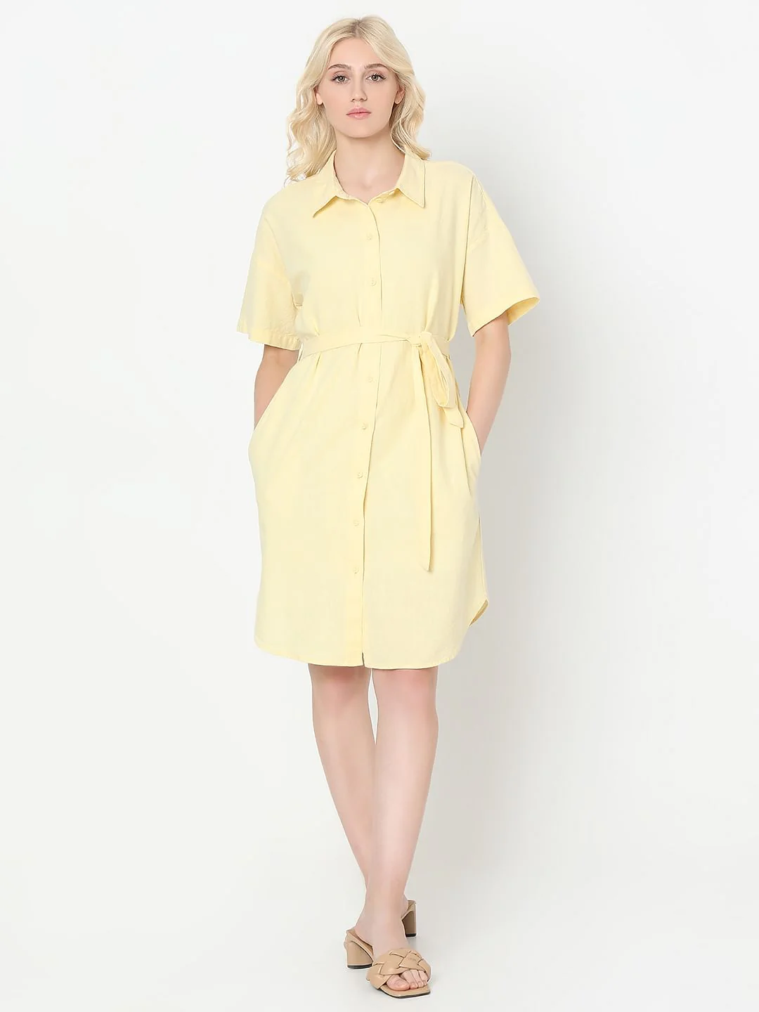 Light Yellow Linen Shirt Dress - Image 5