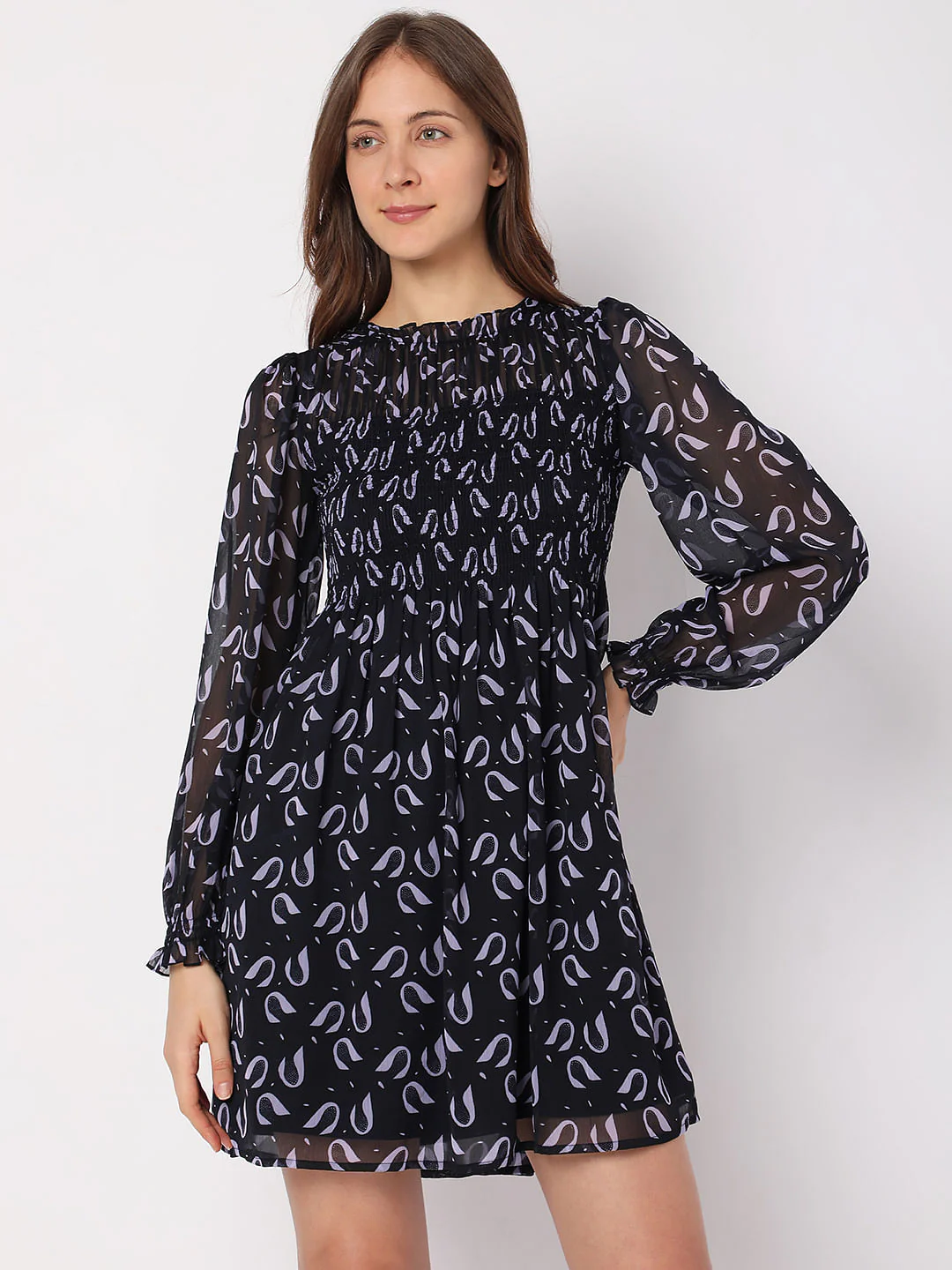 Deep Blue Printed Smocked Dress - Image 2