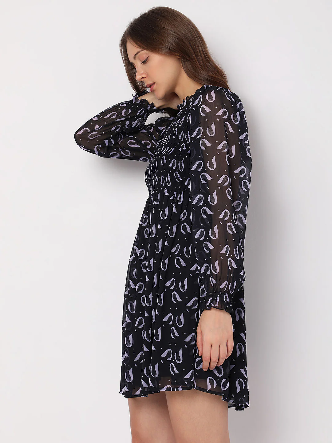 Deep Blue Printed Smocked Dress - Image 3