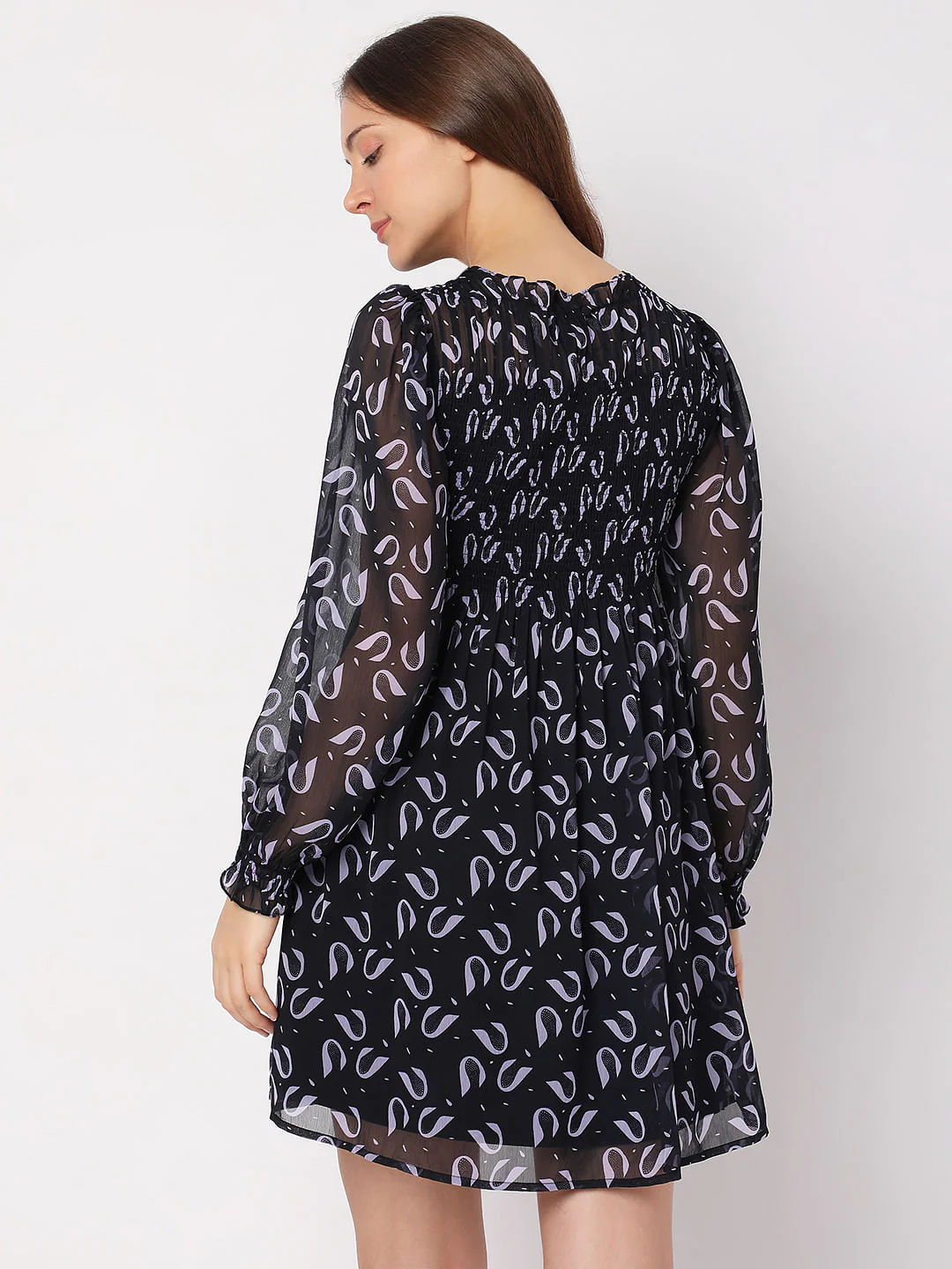 Deep Blue Printed Smocked Dress - Image 4