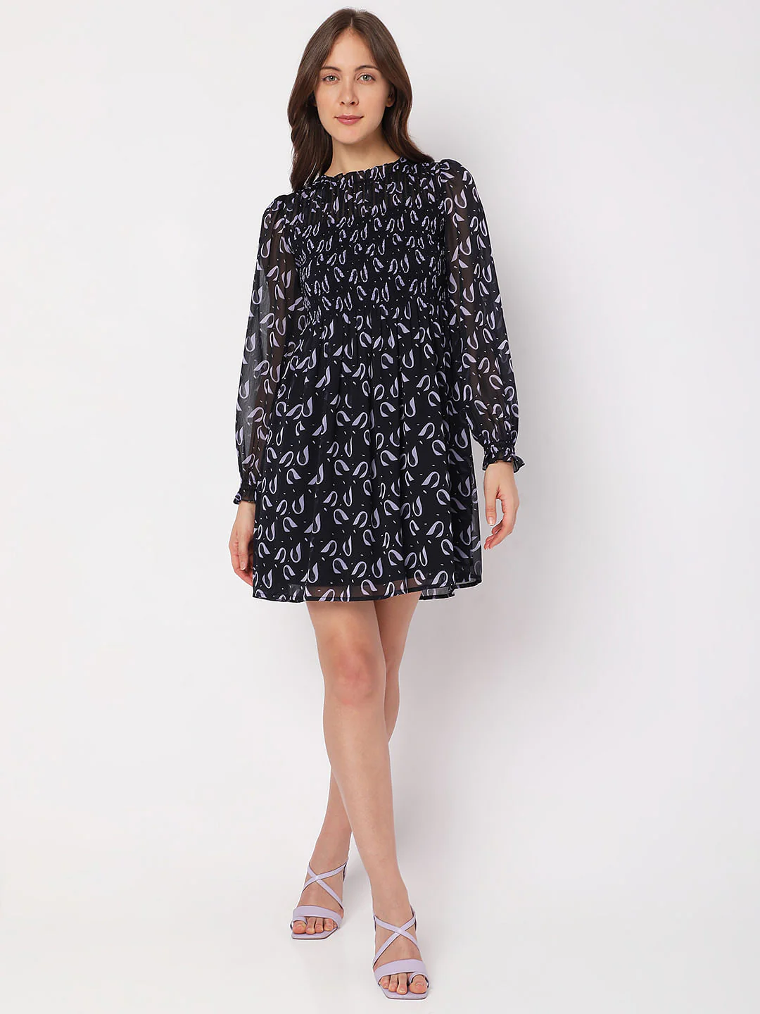 Deep Blue Printed Smocked Dress - Image 5