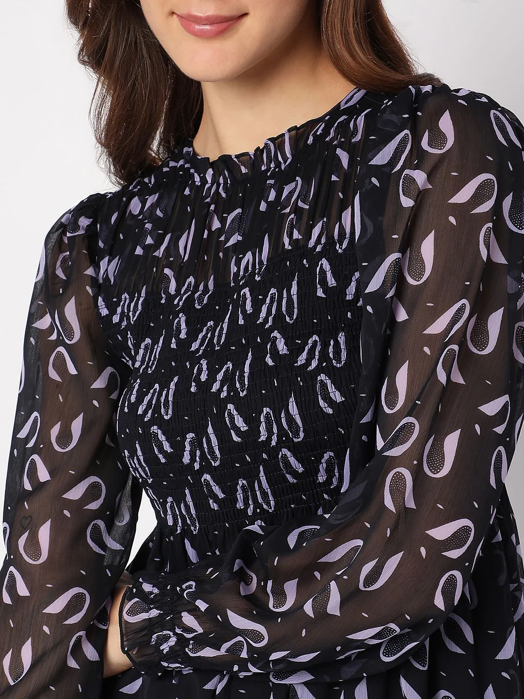 Deep Blue Printed Smocked Dress - Image 6
