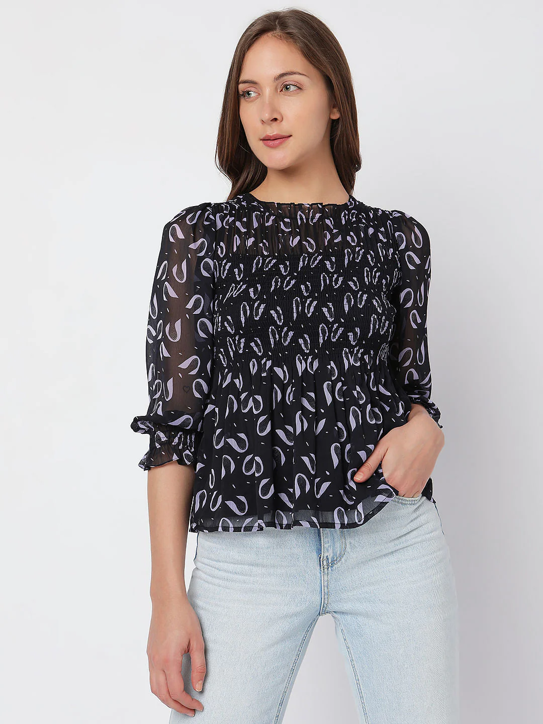 Deep Blue Printed Smocked Top - Image 2