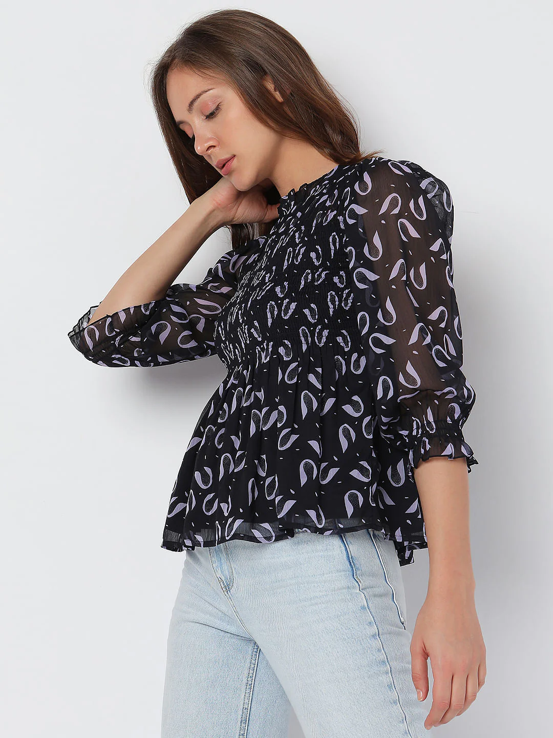 Deep Blue Printed Smocked Top - Image 3