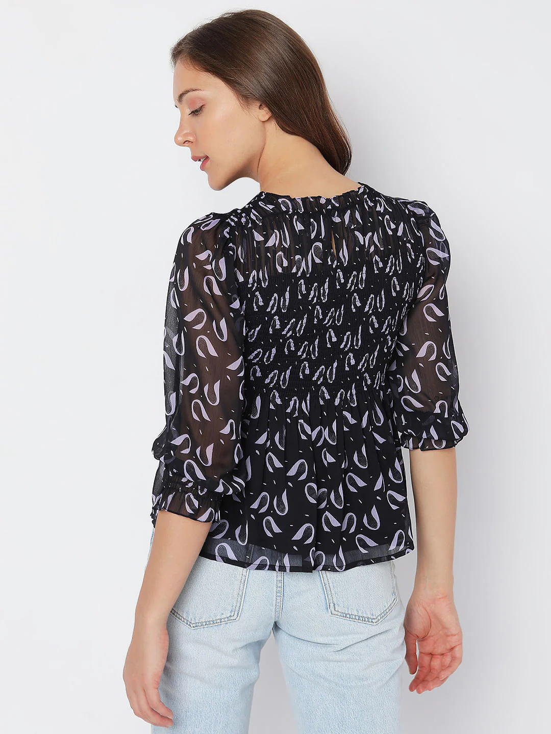 Deep Blue Printed Smocked Top - Image 4