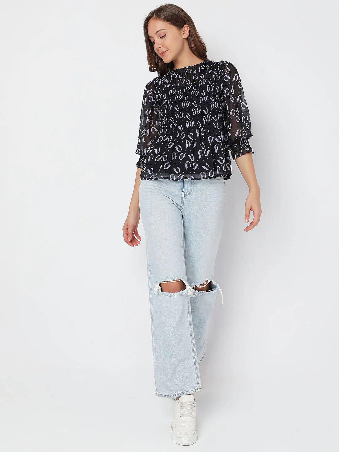 Deep Blue Printed Smocked Top - Image 5