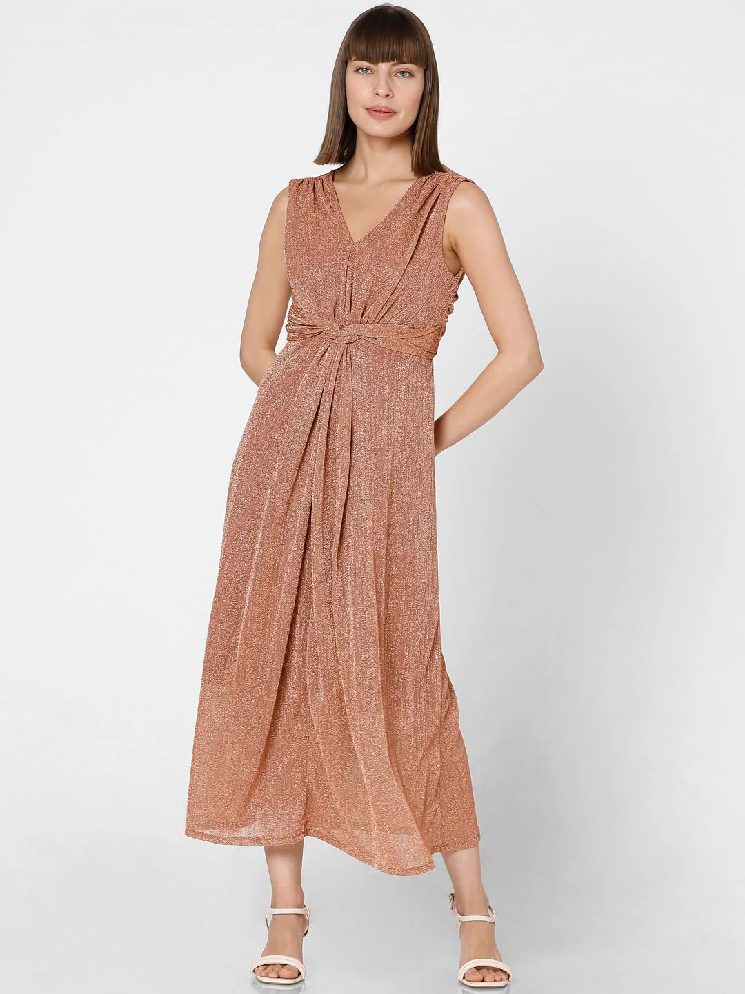Peach Shimmer Waist Knot Maxi Dress - Image 2
