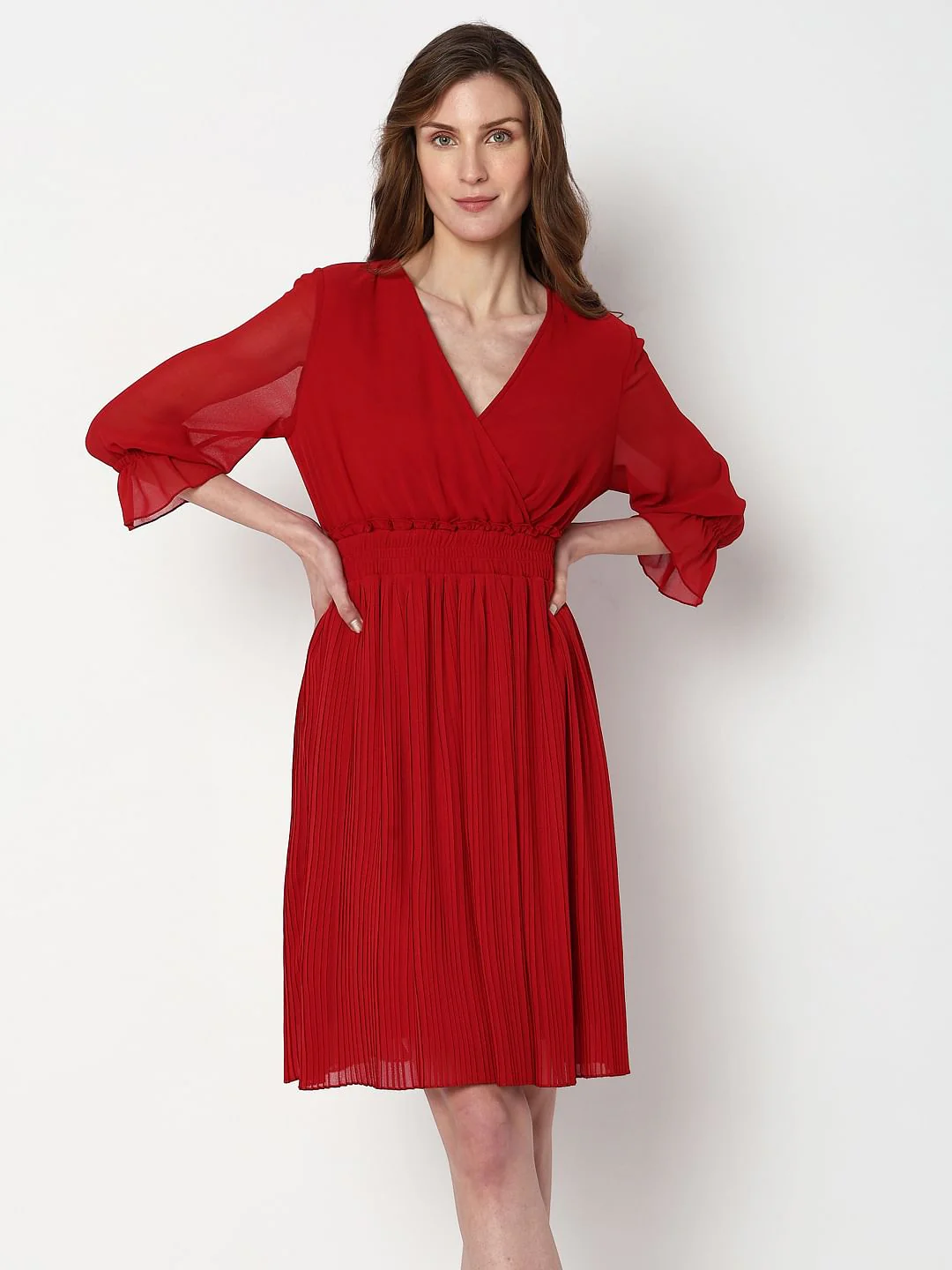 Red Pleated Fit & Flare Dress - Image 2