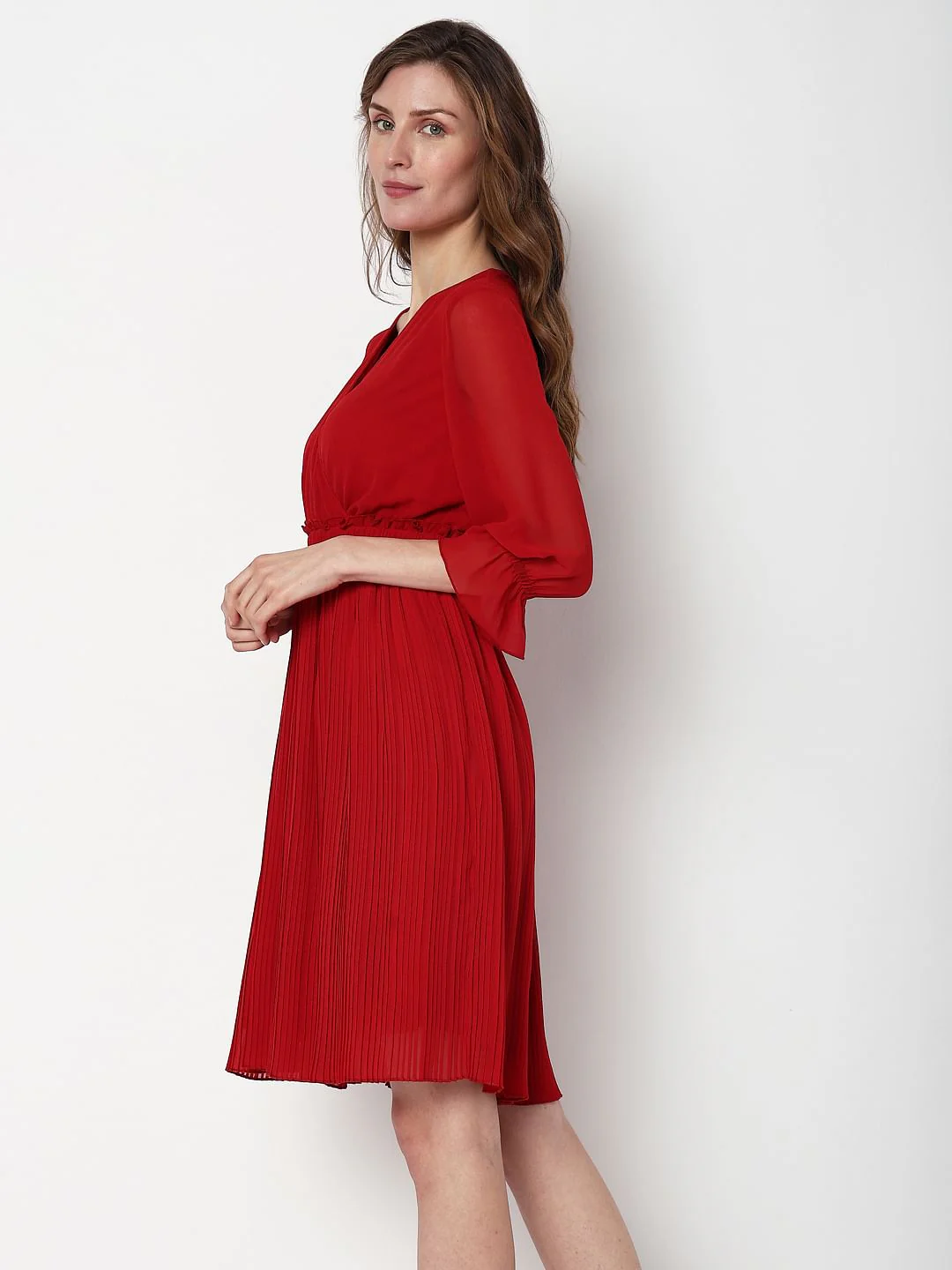 Red Pleated Fit & Flare Dress - Image 3