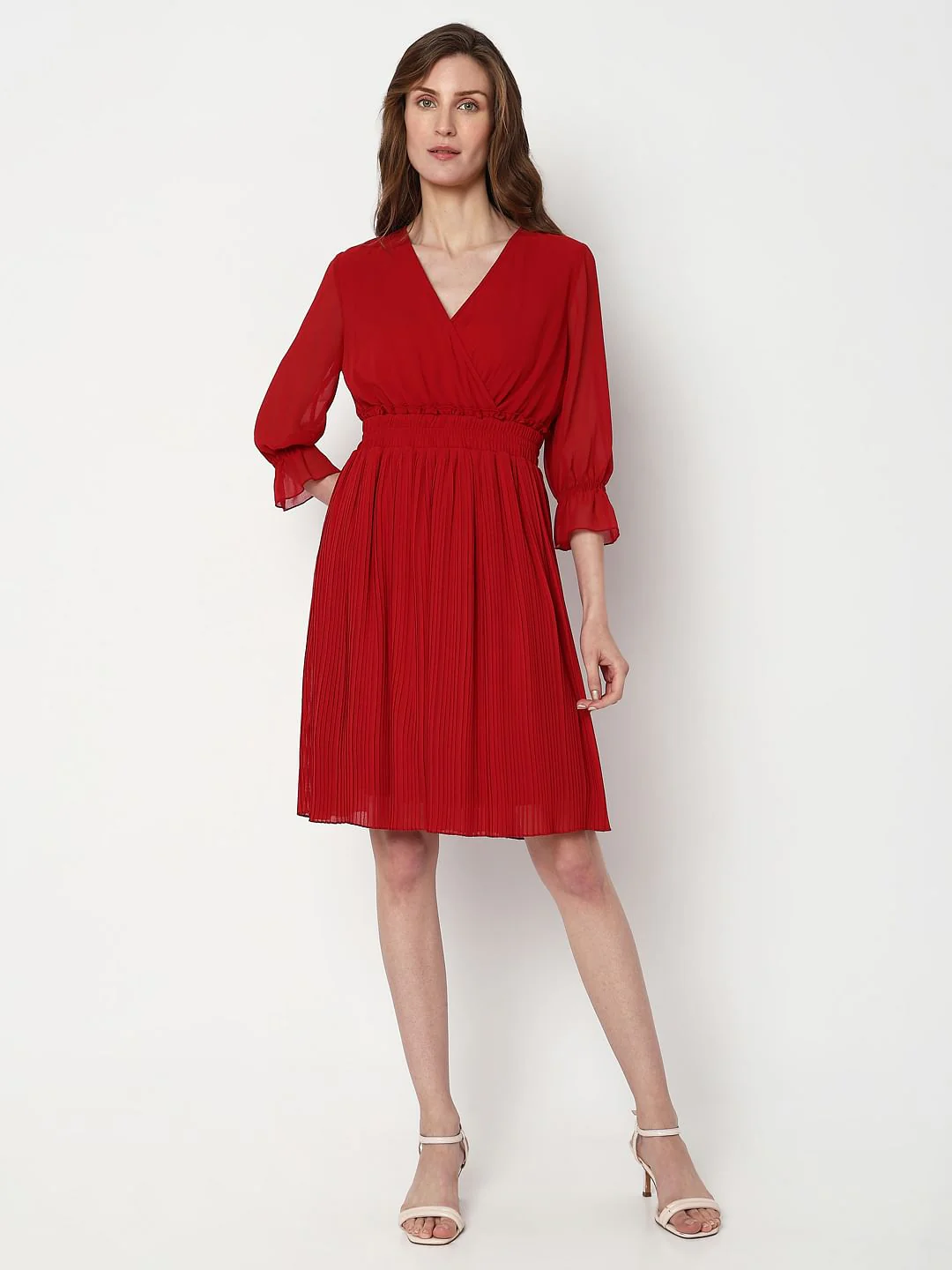 Red Pleated Fit & Flare Dress - Image 5