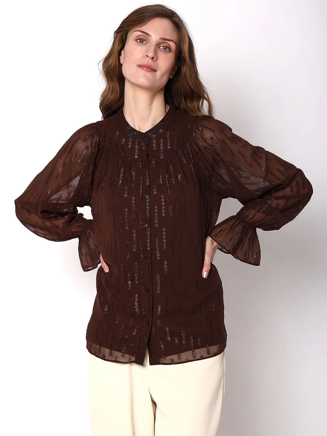 Dark Brown Lurex Sheer Sleeves Top - Image 2