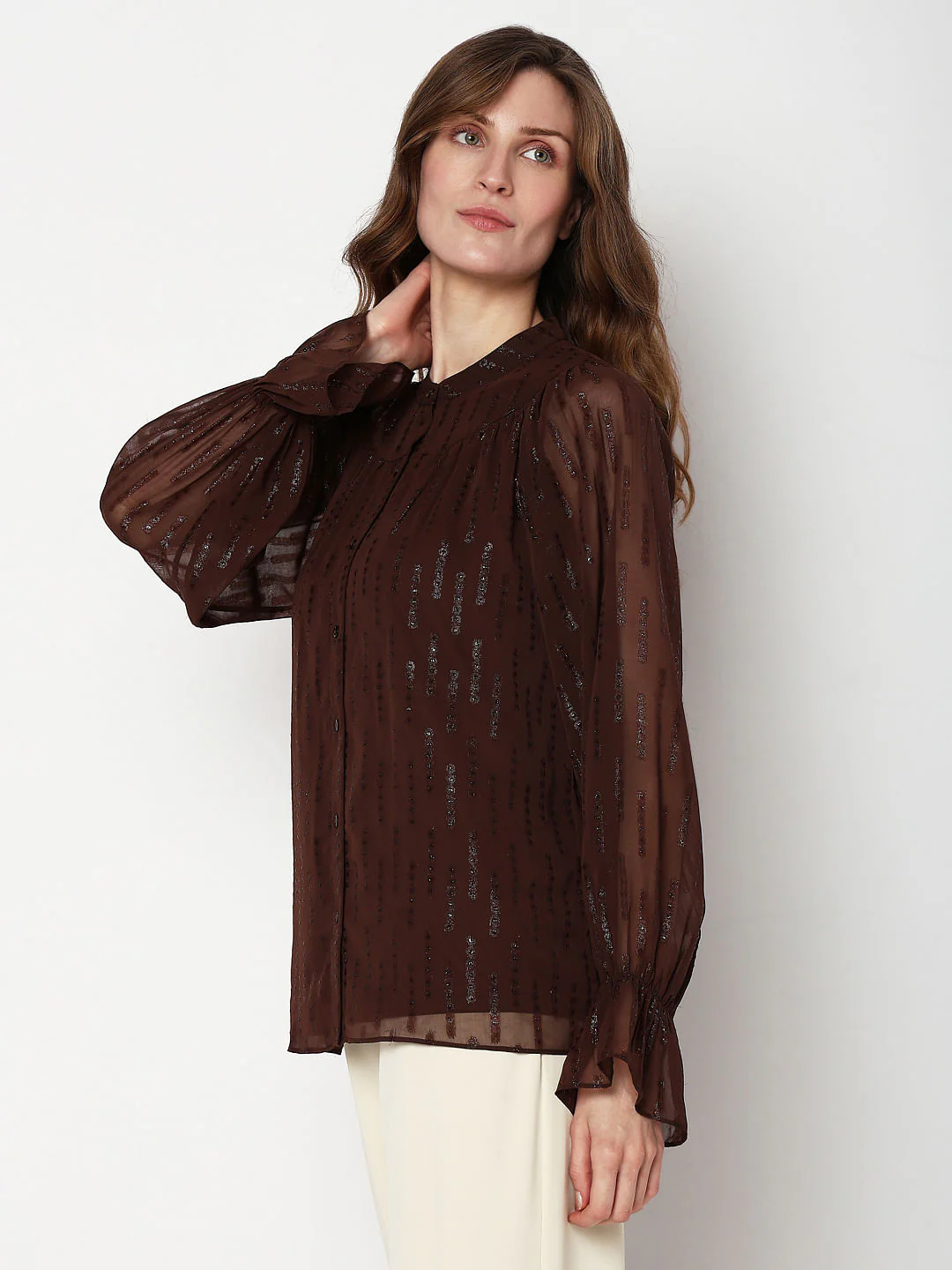 Dark Brown Lurex Sheer Sleeves Top - Image 3