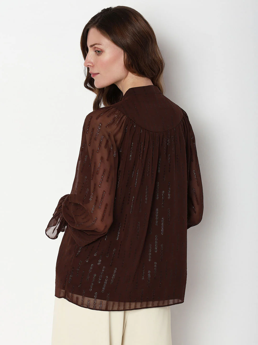 Dark Brown Lurex Sheer Sleeves Top - Image 4