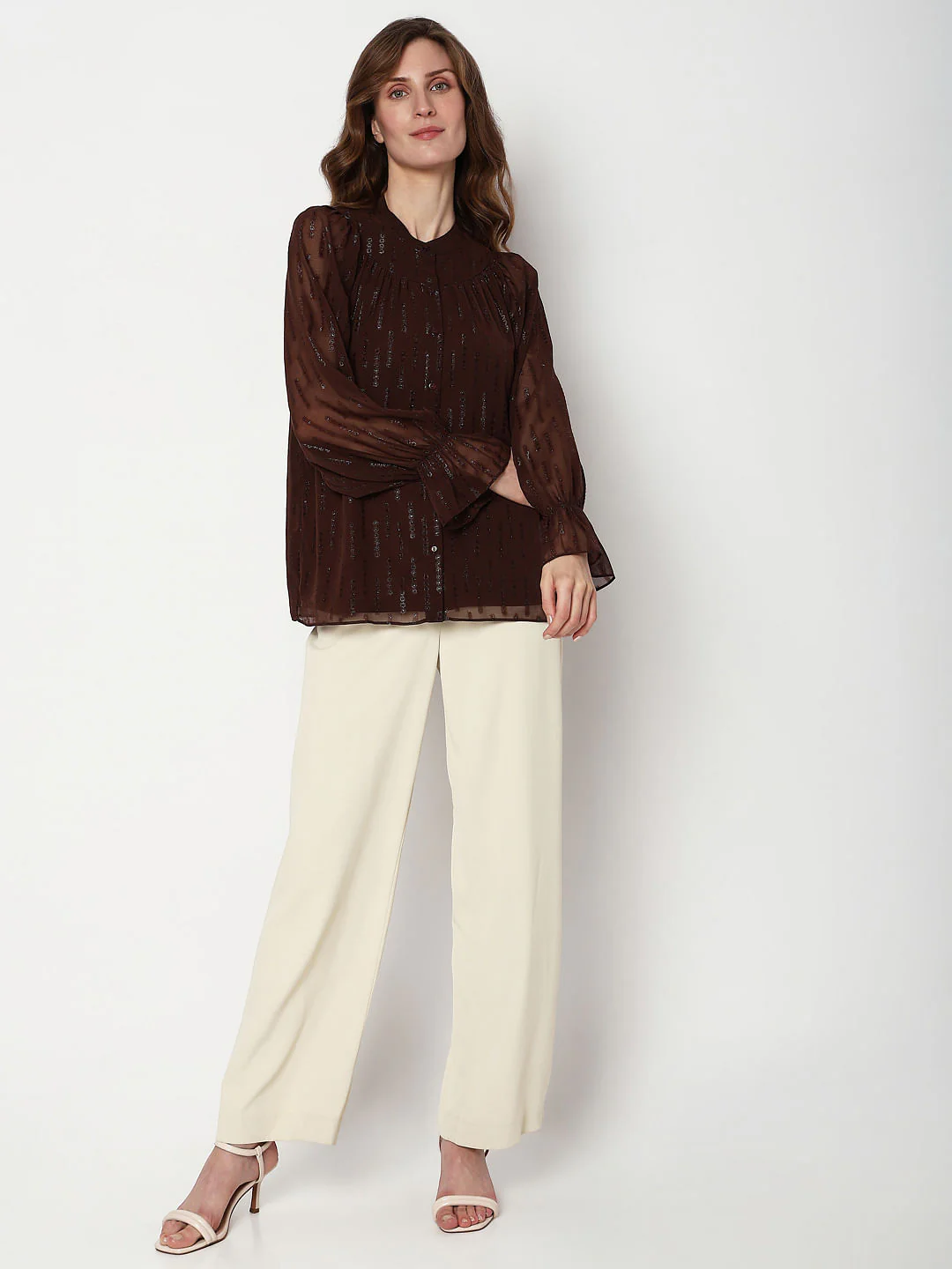 Dark Brown Lurex Sheer Sleeves Top - Image 5