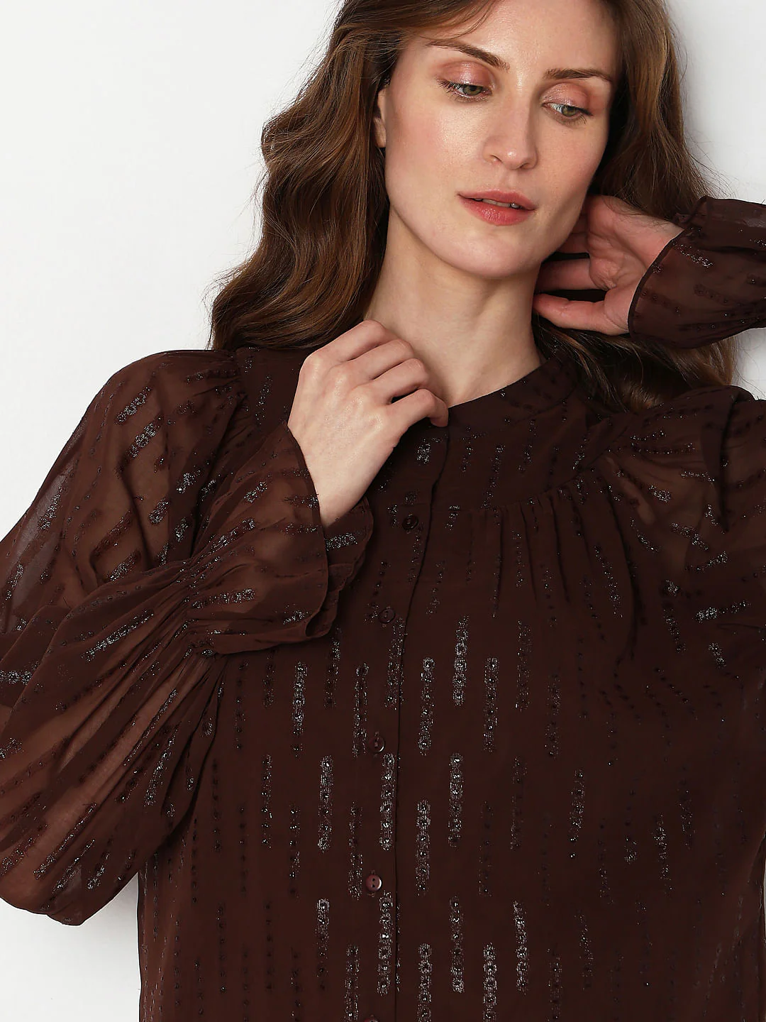 Dark Brown Lurex Sheer Sleeves Top - Image 6