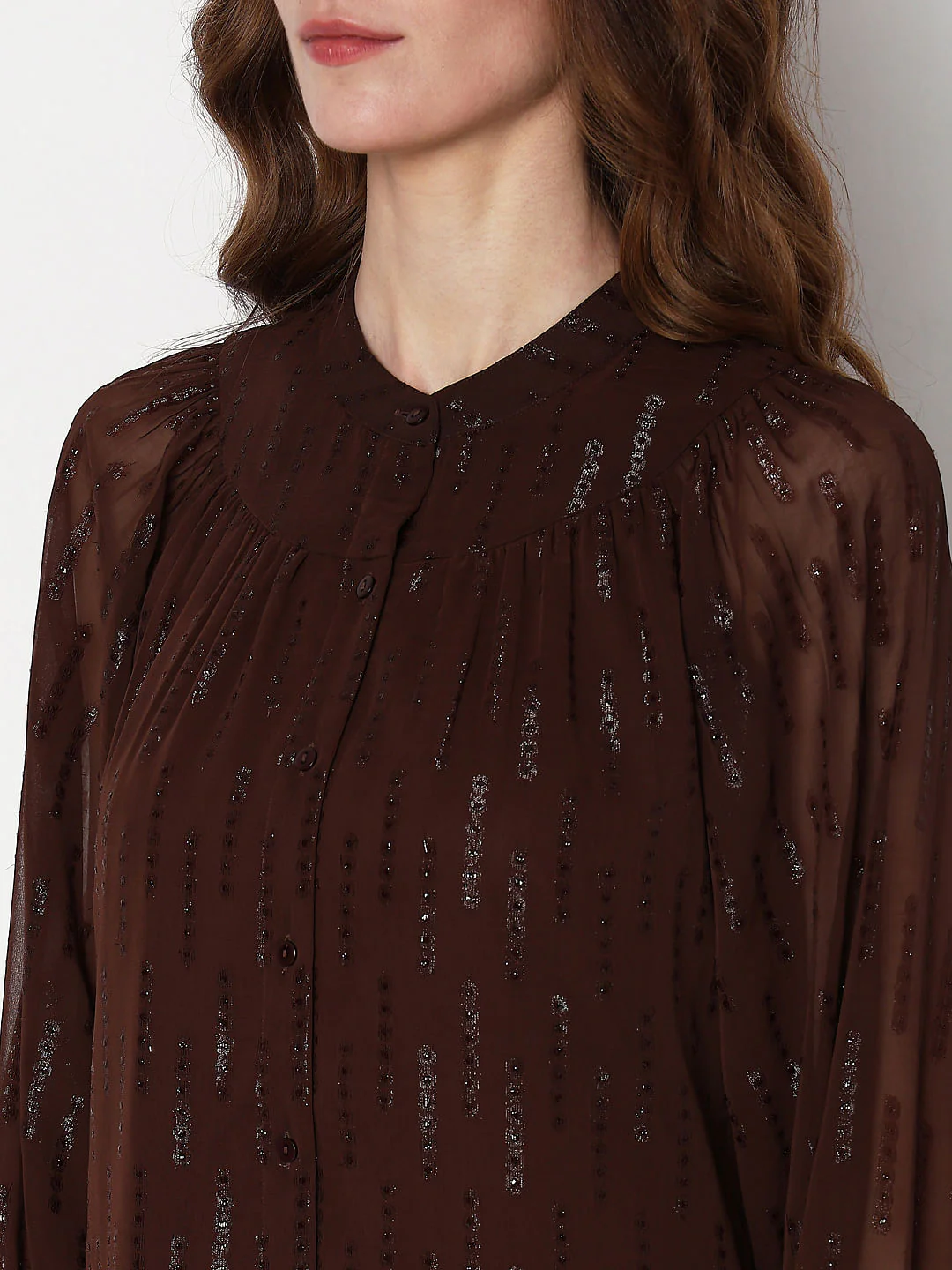Dark Brown Lurex Sheer Sleeves Top - Image 8