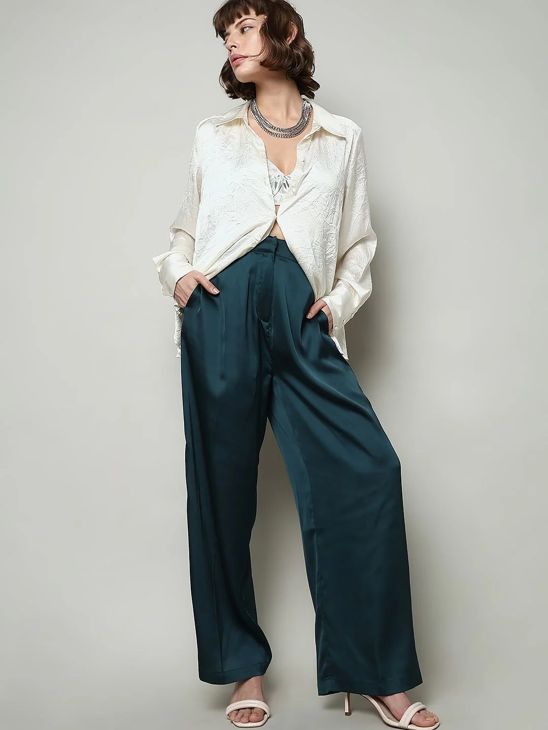 Dark Green High Rise Satin Co-Ord Set Pants