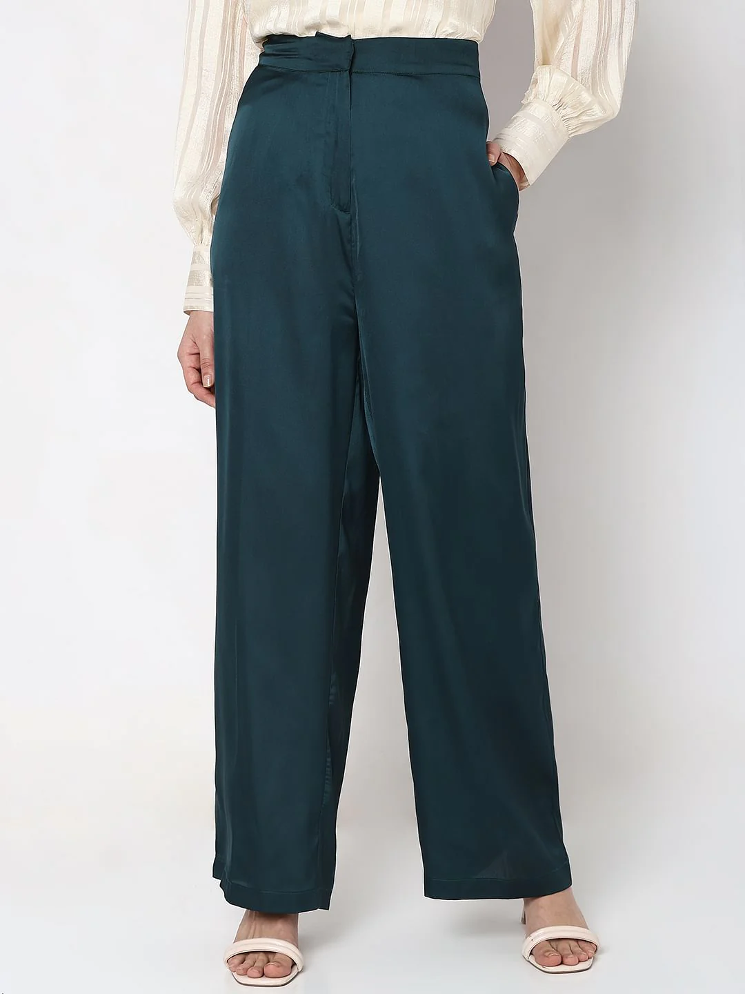 Dark Green High Rise Satin Co-Ord Set Pants - Image 2