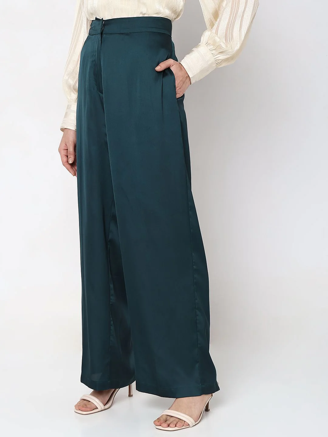 Dark Green High Rise Satin Co-Ord Set Pants - Image 3