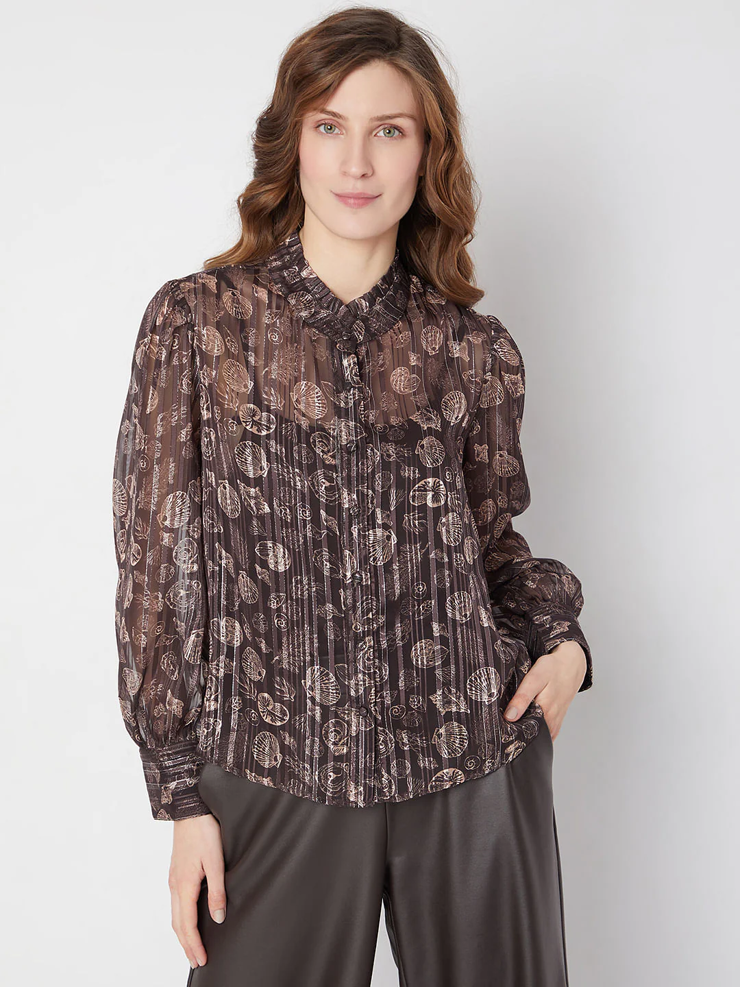 Brown Printed Metallic Lurex Shirt - Image 2