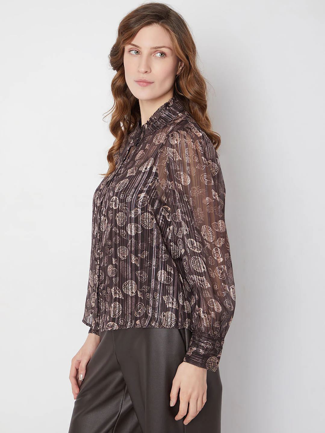 Brown Printed Metallic Lurex Shirt - Image 3