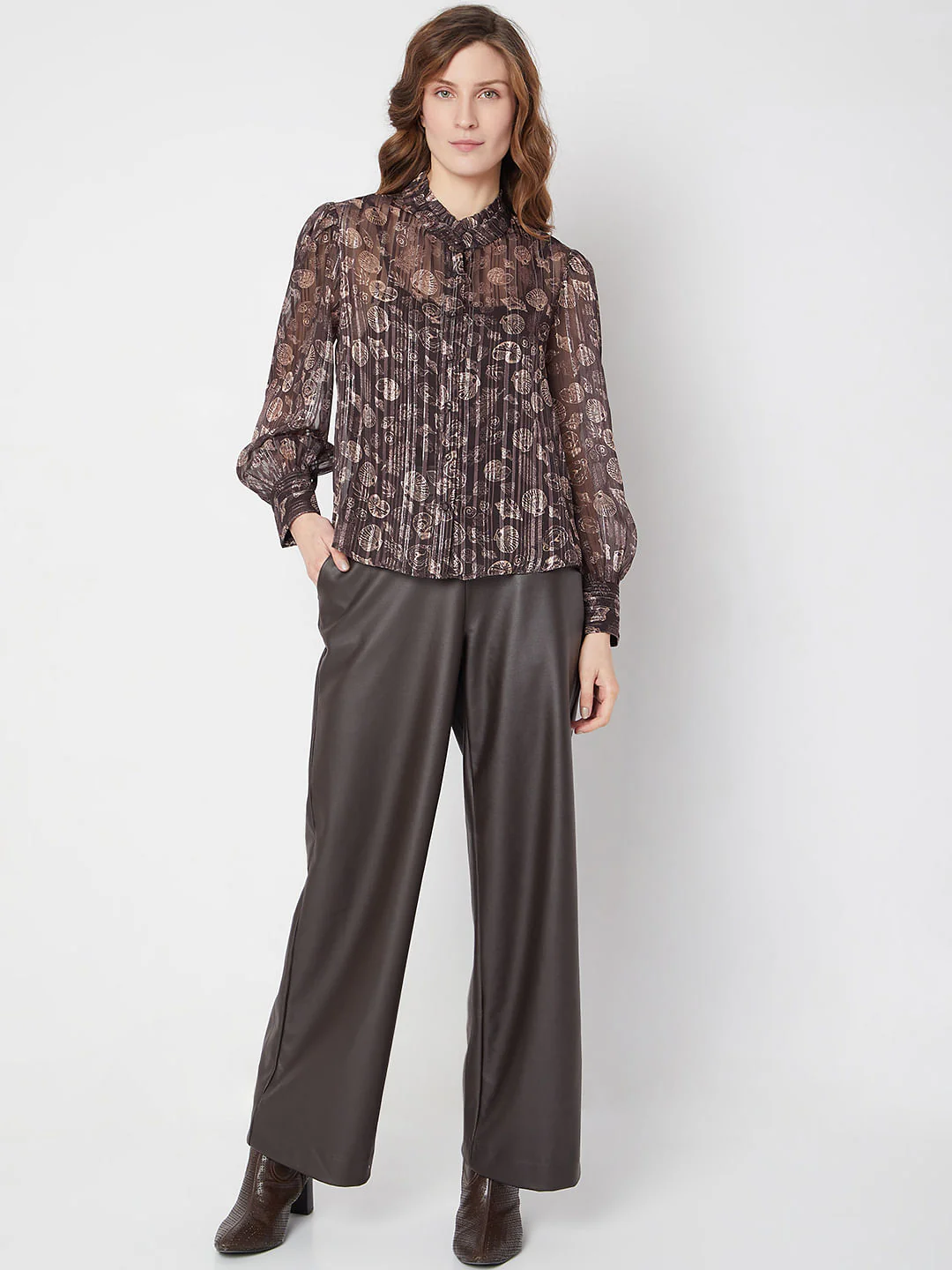 Brown Printed Metallic Lurex Shirt - Image 5