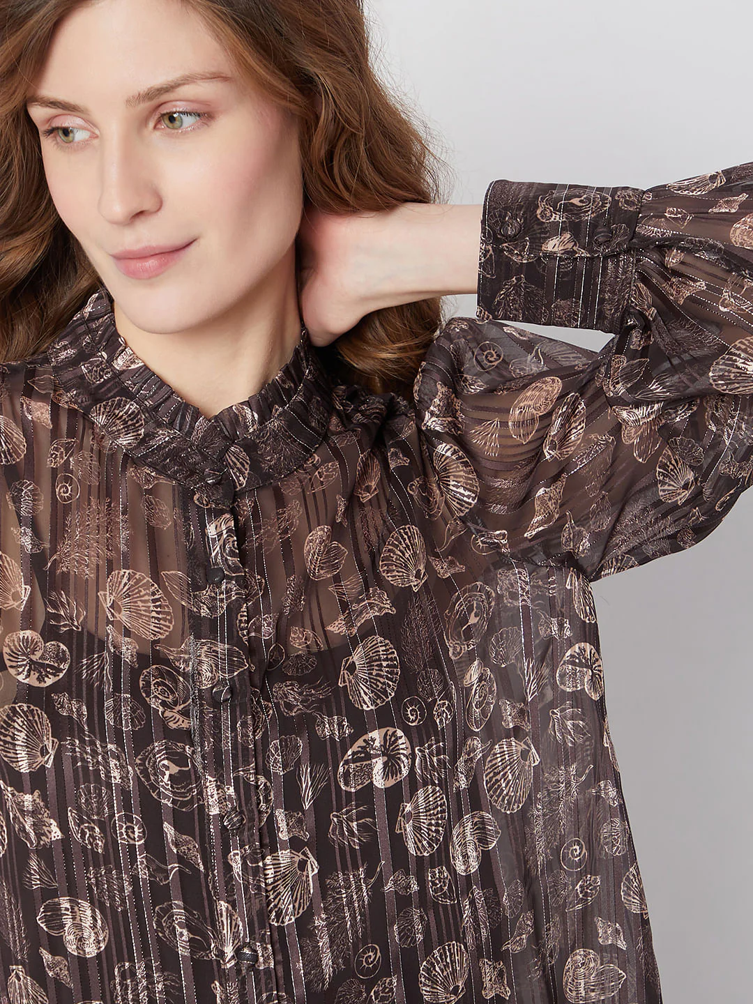 Brown Printed Metallic Lurex Shirt - Image 6