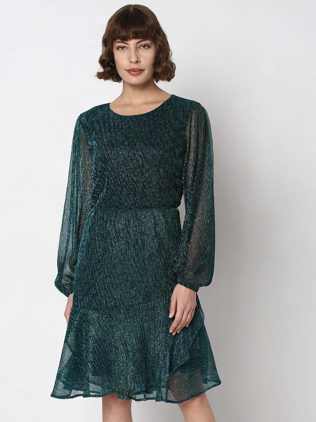 Green Shimmer Sheer Sleeves Dress - Image 2