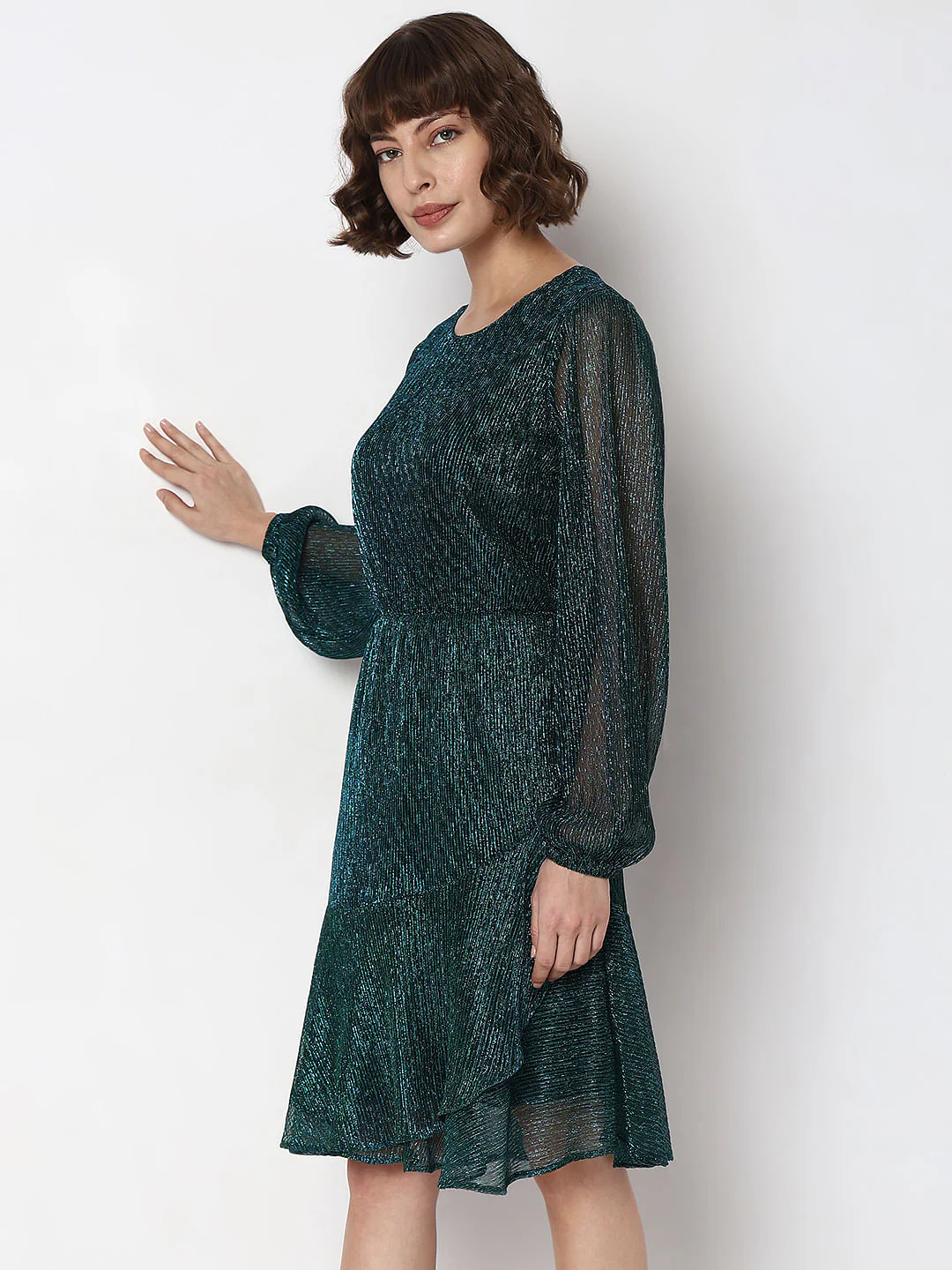 Green Shimmer Sheer Sleeves Dress - Image 3