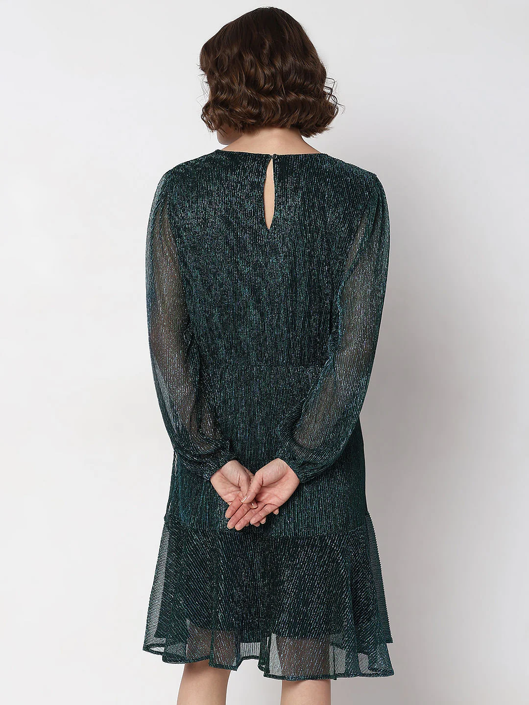 Green Shimmer Sheer Sleeves Dress - Image 4