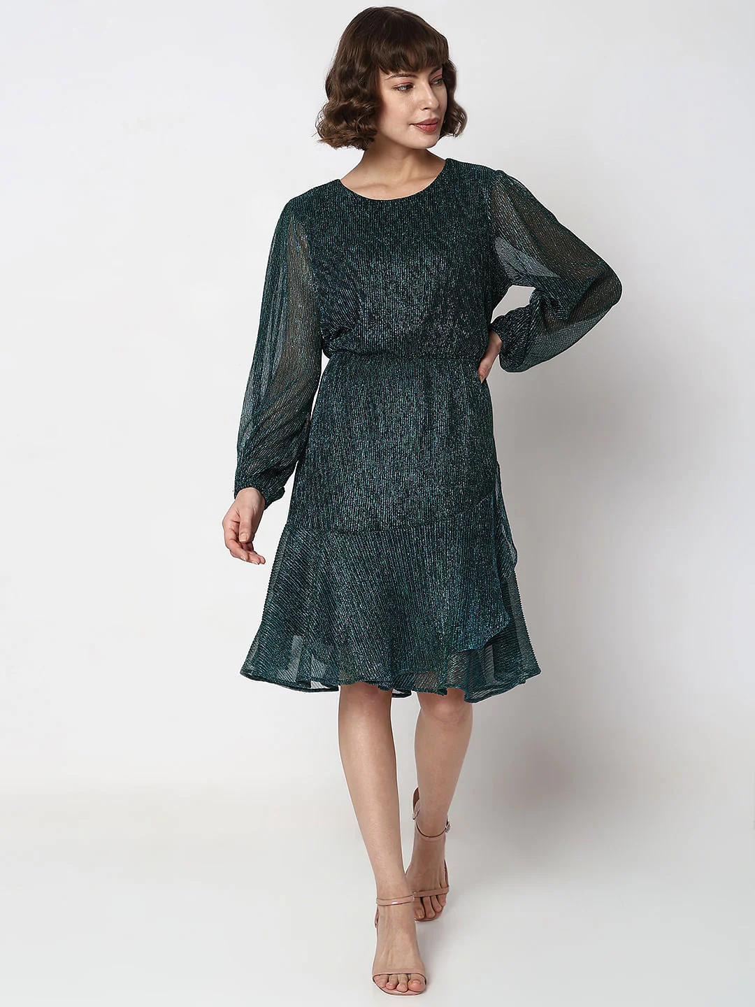 Green Shimmer Sheer Sleeves Dress - Image 5