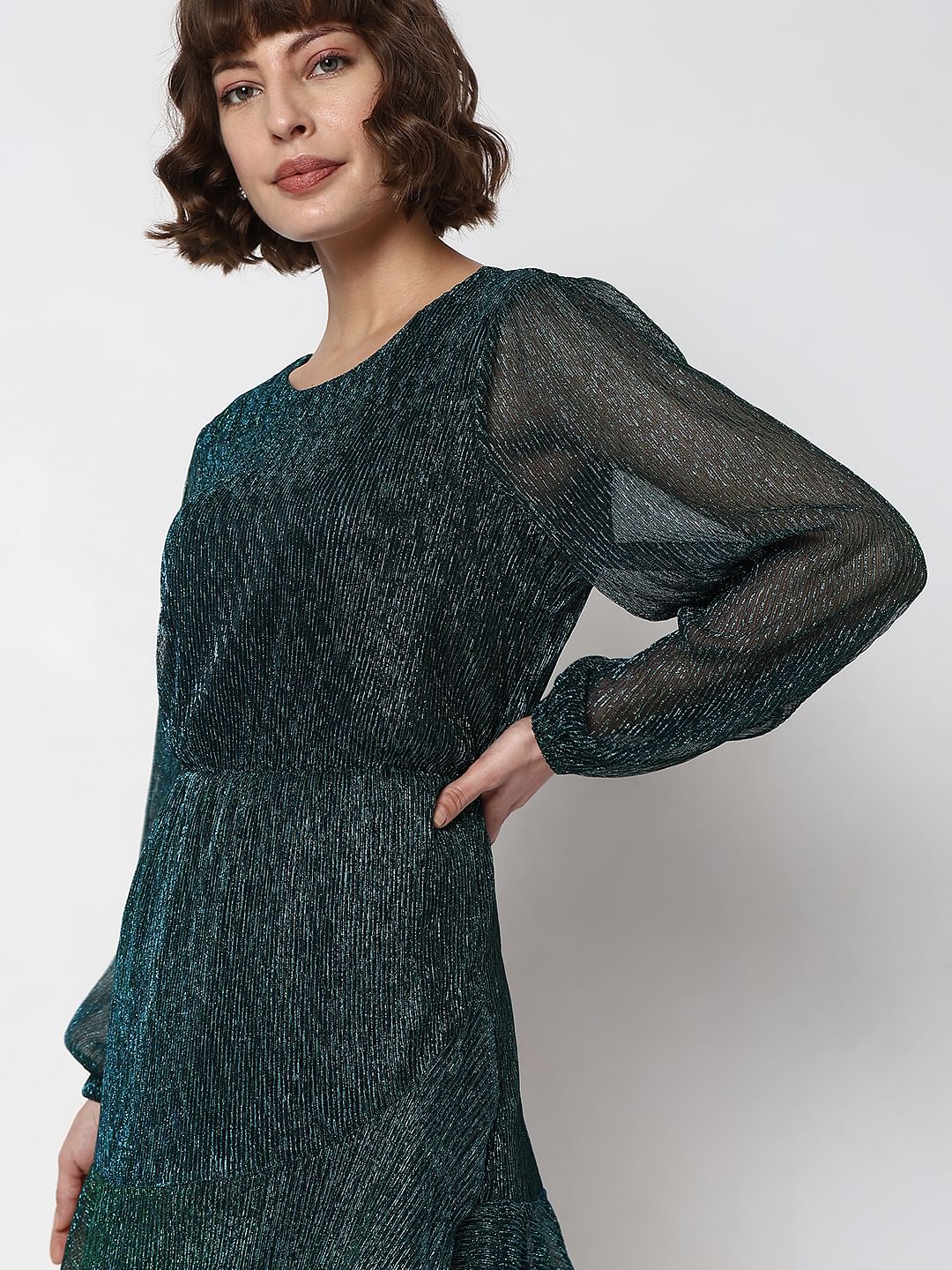 Green Shimmer Sheer Sleeves Dress - Image 6
