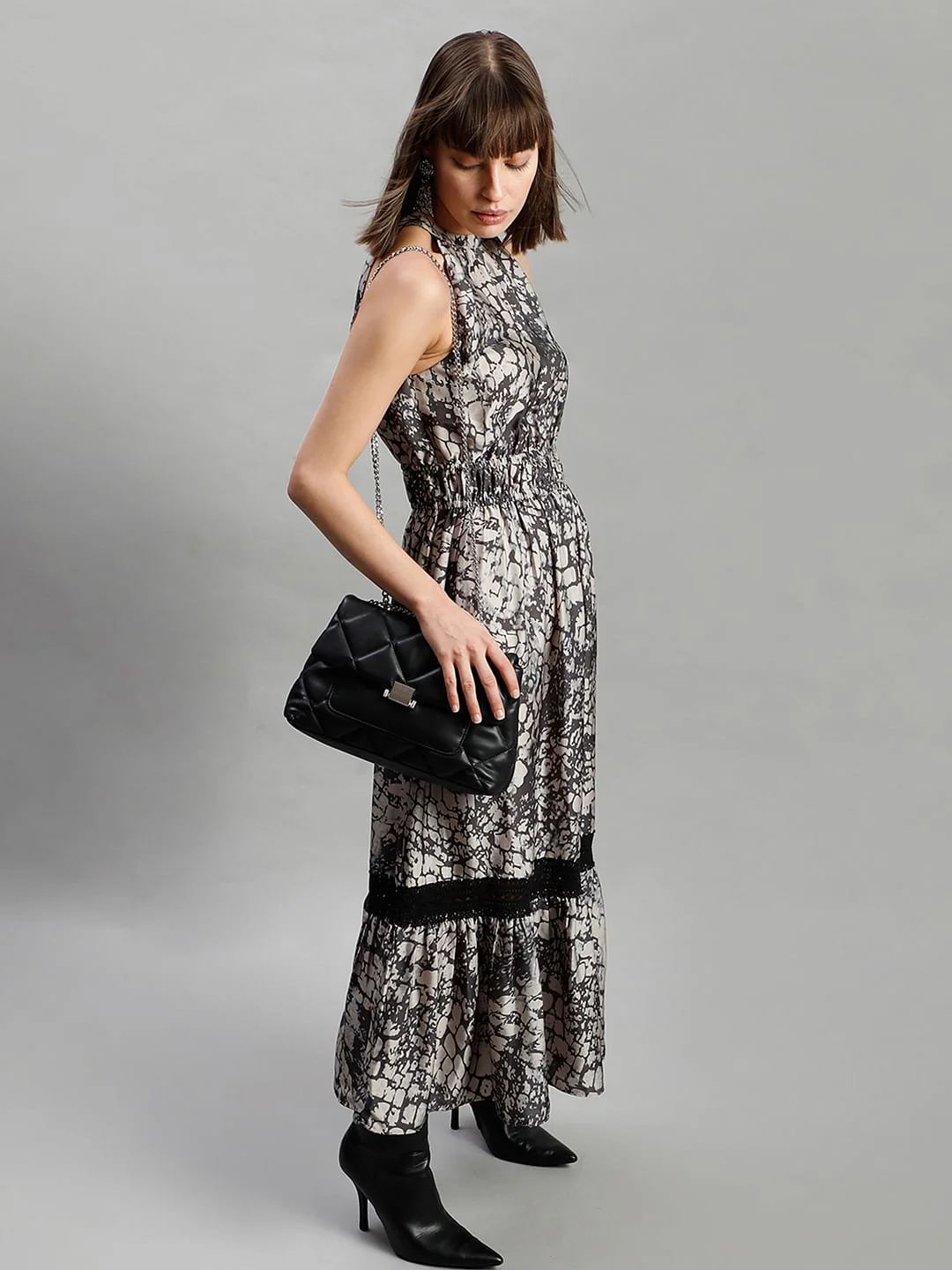 Brown Abstract Print Maxi Dress