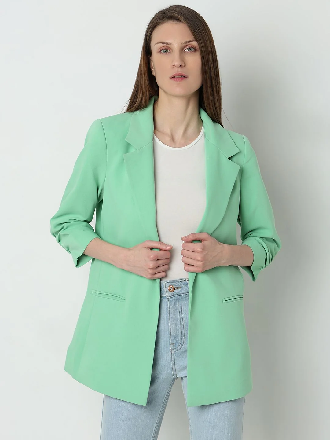 Green Roll-Up Sleeves Tailored Blazer - Image 2