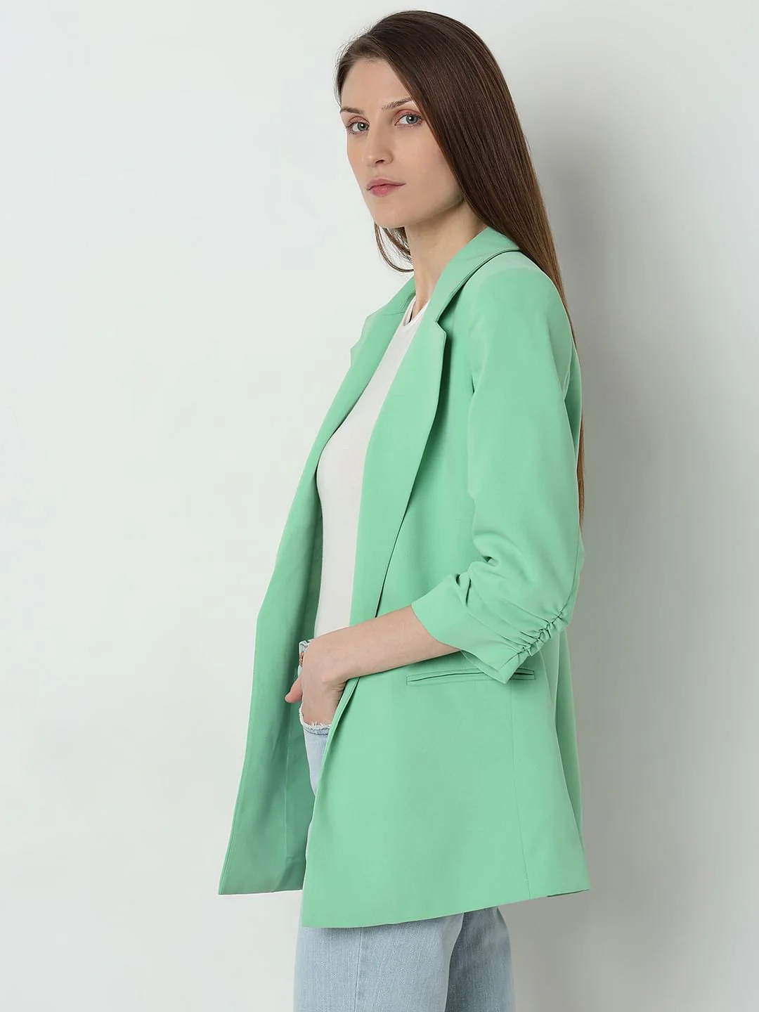 Green Roll-Up Sleeves Tailored Blazer - Image 3
