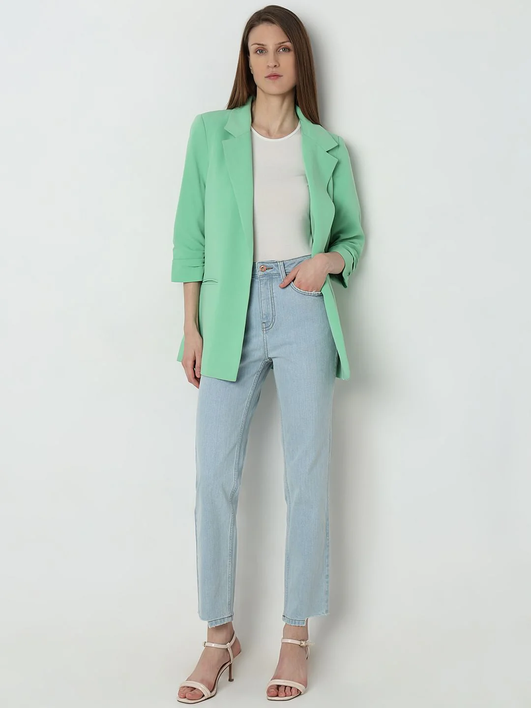 Green Roll-Up Sleeves Tailored Blazer - Image 5