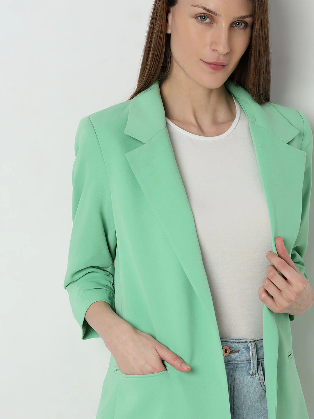 Green Roll-Up Sleeves Tailored Blazer - Image 6
