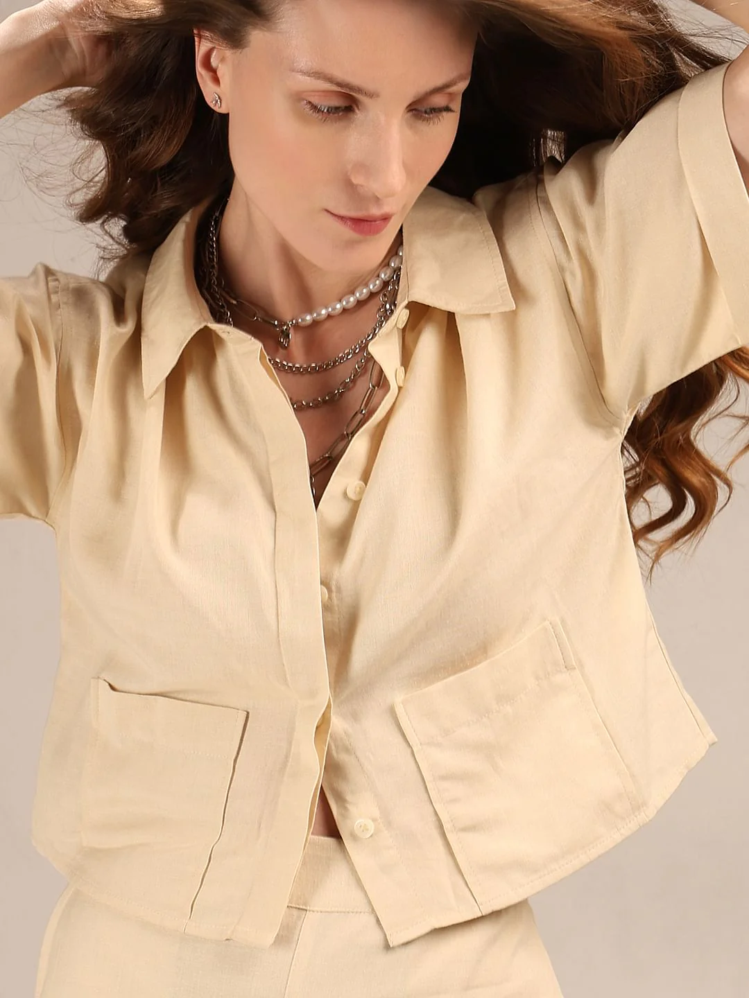 Beige Cropped Co-Ord Set Shirt
