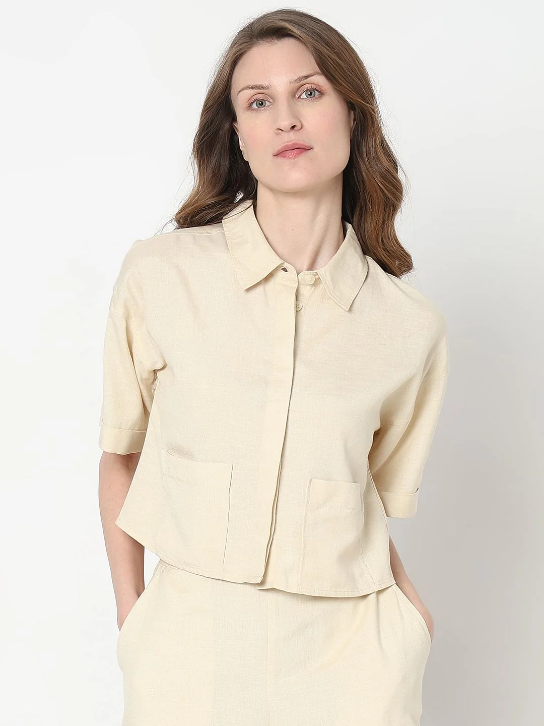 Beige Cropped Co-Ord Set Shirt - Image 2
