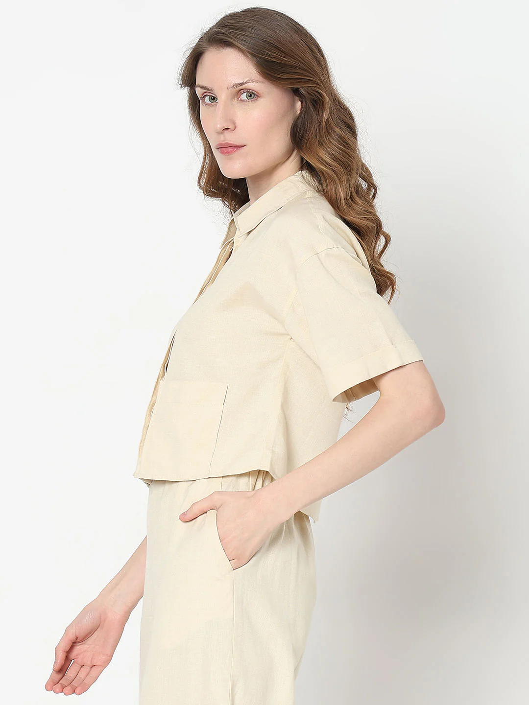 Beige Cropped Co-Ord Set Shirt - Image 3