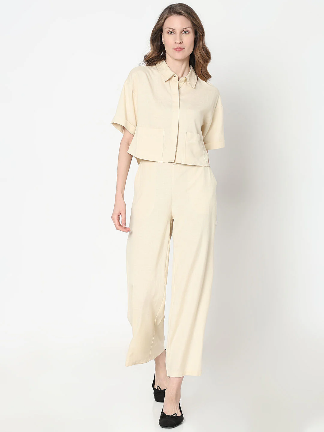 Beige Cropped Co-Ord Set Shirt - Image 5